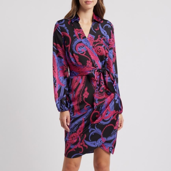 NWT Tahari ASL Side Drape long sleeve satin Shirt Dress paisley Print Size 6 - Picture 1 of 6